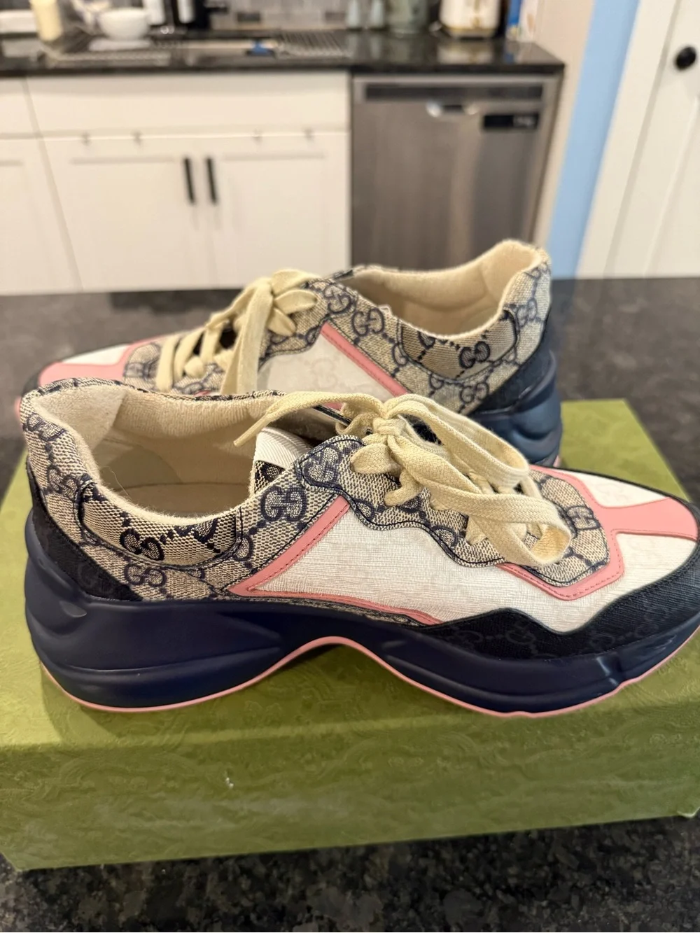 Gucci Beige GG Canvas Sneakers with Pink & Navy Accents